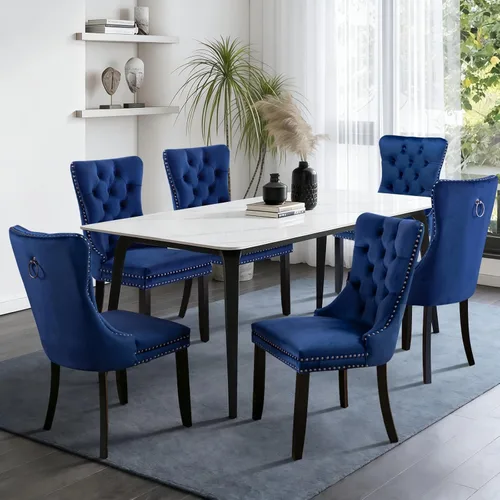 Miniatura 60 de SoarFlash Juego de 2 sillas de comedor de tela de lino, sillas de comedor tapizadas con ribete de cabeza de clavo y patas de madera de color claro