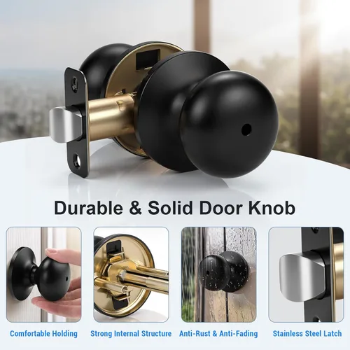 Miniatura 5 de KNOBWELL Paquete de 8 pomos de puerta de privacidad para baño y dormitorio, pomo de puerta negro mate con cerradura, cerradura de manija de puerta