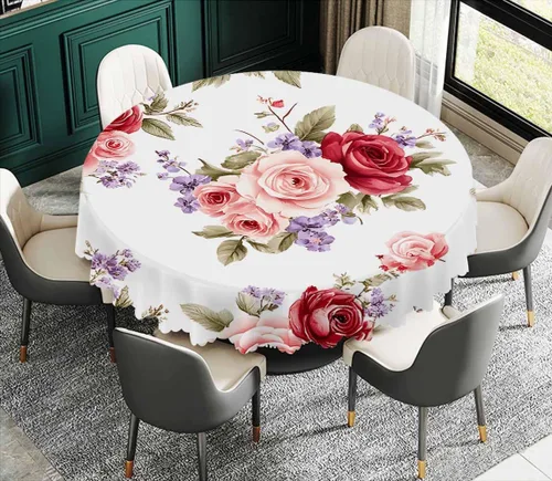 Miniatura 3 de IBILIU Mantel redondo con diseño floral de rosas, flores de acuarela, flores rosas, flores moradas, mantel circular decorativo para cocina