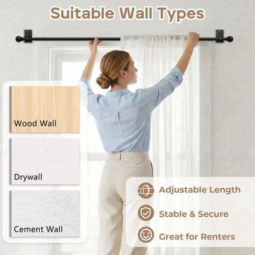 Miniatura 7 de Paquete de 2 barras de cortina sin taladrar con sistema de montaje adhesivo y clavo – Apto para inquilinos y mínimo daño de pared, barra ajustable