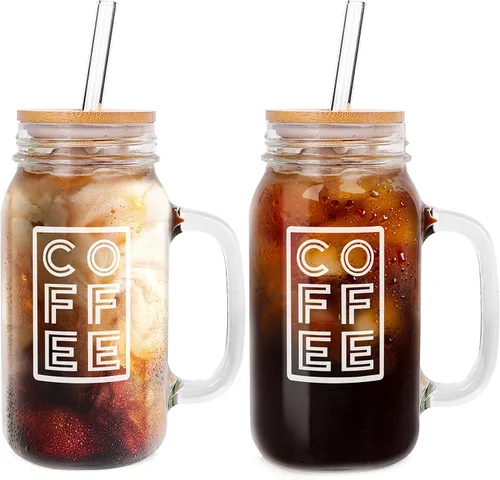 Miniatura 8 de ANOTION Vasos para beber Mason Jar – Frascos Mason Jar de vidrio de 16 onzas con tapas y pajitas, taza de café helado, botellas de jugo Mason Jar