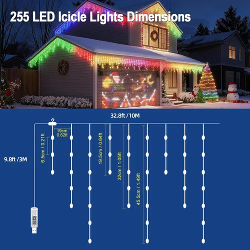 Miniatura 6 de AHAWILL - Luces de carámbano para exteriores, luces de Navidad al aire libre de 33 pies con 255 LED regulables, IP65 impermeables, luces de cadena