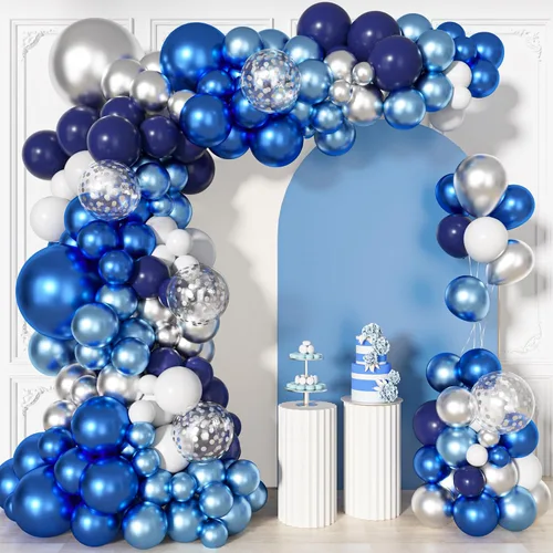 Ouddy Life Kit de arco de guirnalda de 156 globos azules y plateados, azul marino, metálico, azul claro, plateado, blanco, confeti, para cumpleaños,