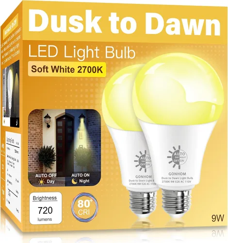 Gonhom Paquete de 2 Bombillas de Luz del Atardecer al Amanecer para Exteriores, Blanco Cálido 2700K, 720LM, 9W (Equivalente a 60W) A19 E26 Bombillas