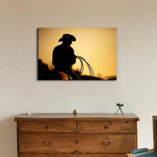 Miniatura 2 de Arte de pared de vaquero con silueta de lazo en una ciudad pequeña al atardecer paisaje occidental americano, arte para pared, 16 x 24 pulgadas