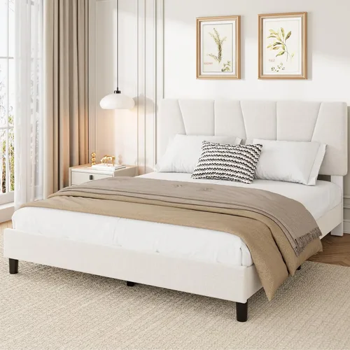 Miniatura 10 de Garvee Base de cama de tamaño individual con cabecera ajustable, base de cama tapizada de lino con listones de madera fuertes, base de colchón,