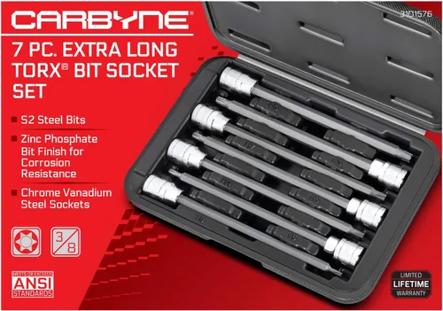 Miniatura 2 de CARBYNE Juego de llaves Torx extra largas de 7 piezas, T10 a T40, 3/8 pulgadas, brocas de acero S2, enchufes CrV, fosfato de zinc, 6.1 pulgadas