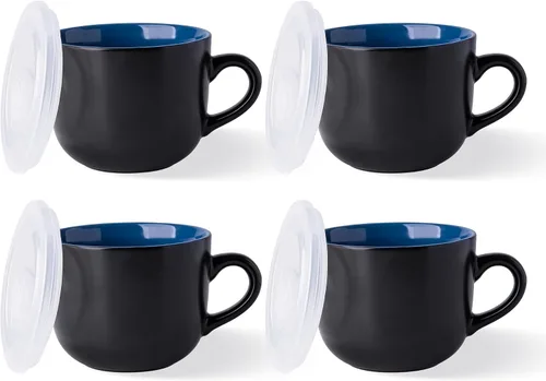 Miniatura 16 de GBhome Cuencos de sopa de 22 onzas con asas y tapas grandes, juego de 4 cuencos de cerámica con cuchara para sopa, cereales, estofado, coloridos