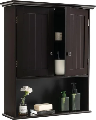 Miniatura 11 de LOKO Armario de pared para baño, botiquín de doble puerta con compartimento abierto y estante ajustable, armario de almacenamiento montado