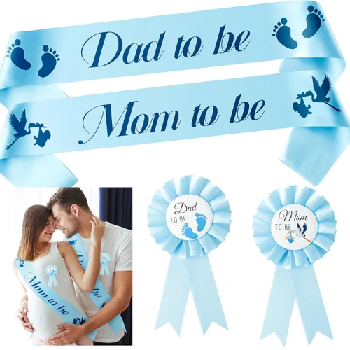 Juego de 4 bandas de maternidad de cigüeña, diseño de cigüeña, color azul, para mamá y papá, con ramillete, tema de cigüeña, recuerdo de embarazo