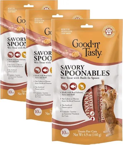 Miniatura 11 de Good 'n' Tasty Cucharas sabrosas con pato real, carne de res y conejo, tubo de 6 unidades, golosinas húmedas exprimibles de triple sabor para gatos