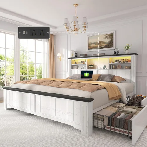 EnHomee Base de cama Queen con cabecero y 4 cajones de almacenamiento, luces LED y puertos de carga, no necesita somier para apartamentos, sin