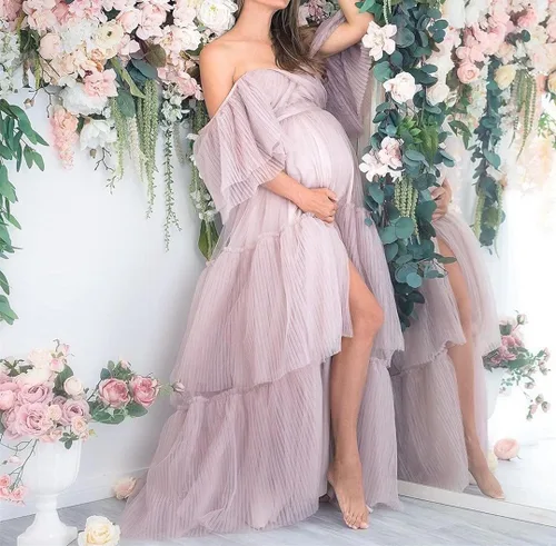 Miniatura 4 de Vestido de maternidad para mujer fuera del hombro para sesión fotográfica embarazo Maxi largo vestido hinchado