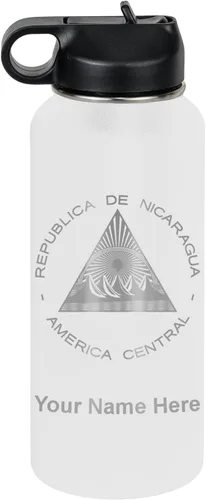Miniatura 32 de LaserGram Botella de agua personalizada, bandera de Nicaragua, acero inoxidable de doble pared aislada al vacío con popote superior, regalo grabado