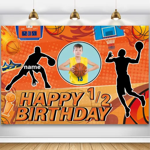 Cartel personalizado de decoración de fiesta de cumpleaños de medio año, tema de baloncesto personalizado, fondo de deportes de baloncesto de feliz