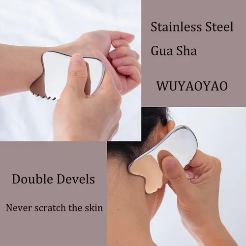 Miniatura 5 de wuyaoyao Herramienta facial Gua Sha de acero inoxidable de 4 filos, herramienta de masaje de raspado Gua Sha, herramientas para anticelulitis