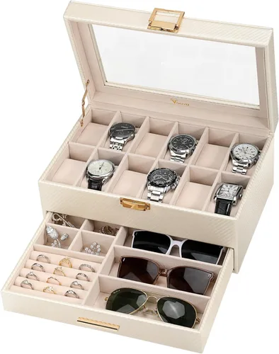 Voova - Organizador de cajas de joyería para relojes para hombres y mujeres, 2 capas grandes con 12 ranuras, estuche de almacenamiento de relojes de