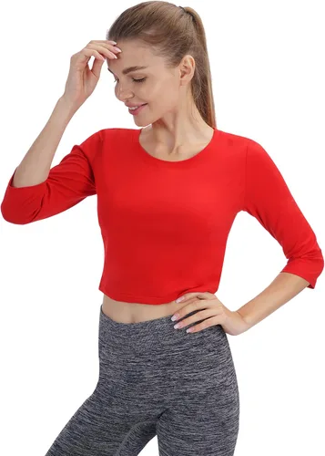 Miniatura 25 de Camiseta corta para mujer, cuello redondo, manga 3/4, casual, Y2K, linda camiseta corta para yoga