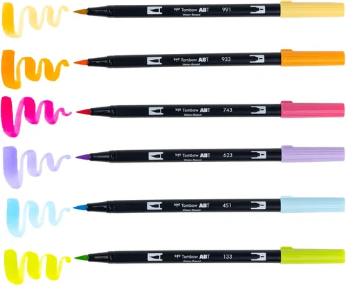 Miniatura 4 de Tombow 56240 Marcadores artísticos de doble pincel, sorbete Yay, paquete de 6. Marcadores mezclables, con pincel y punta fina