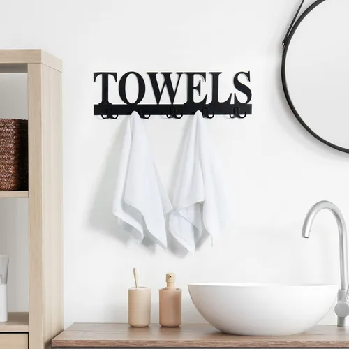 Miniatura 2 de MyGift Toallero para baño, soporte para toallas de baño montado en la pared con 5 ganchos dobles, colgador de toalla de mano de lavandería de Negro