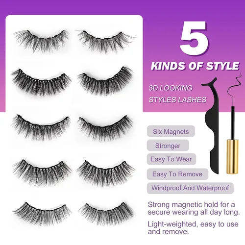 Miniatura 6 de Royaomis 10 pares de pestañas magnéticas con delineador de ojos, pestañas magnéticas de aspecto natural, kit de pestañas magnéticas, los últimos Moda