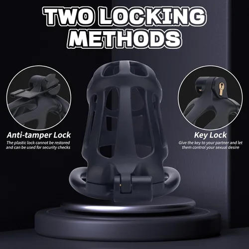 Miniatura 5 de Jaula de castidad masculina, dispositivo de castidad grande con anillos de 5 tamaños y bloqueo invisible para el pene, equipo de bondage