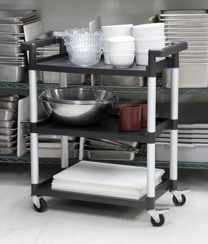 Miniatura 3 de MaxWorks 80774 Carrito de plástico utilitario de 3 estantes con ruedas, capacidad máxima de 225 libras, color negro