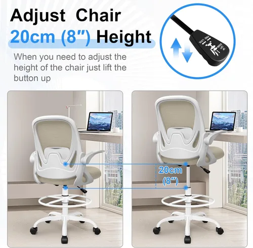 Miniatura 6 de Silla de dibujo alta de oficina con reposabrazos abatibles, altura ajustable y soporte lumbar mejorado, taburete ergonómico rodante, soporte de Caqui