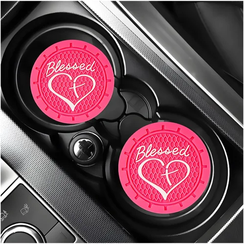 Miniatura 25 de KVAEY 2 PCS Posavasos para Portavasos de Coche, 2.76 Pulgadas Alfombrillas Antideslizantes para Bebidas del Vehículo con Linda Cruz Bendita