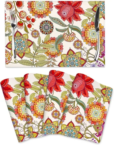 Juego de 4 manteles individuales florales bohemios para mesa de cocina, comedor, manteles individuales decorativos coloridos de lino lavable de 12 x