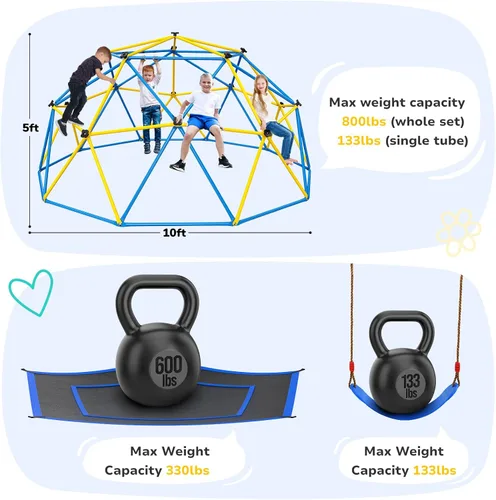 Miniatura 7 de Hapfan Jungle Gym, cúpula de escalada de 10 pies con hamaca y columpio, equipo de juego al aire libre con barras para monos para niños de 3 a 12
