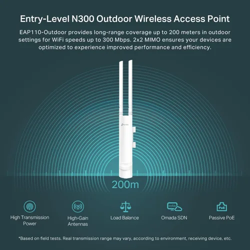 Miniatura 3 de TP-Link EAP110-Outdoor V3, punto de acceso WLAN N300 para exteriores, cobertura WiFi de hasta 200 metros, PoE pasivo con inyector PoE gratuito, SDN