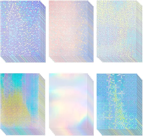 60 hojas laminadas holográficas transparentes con purpurina tamaño A4, papel adhesivo de vinilo holográfico, película autoadhesiva impermeable, 11.7