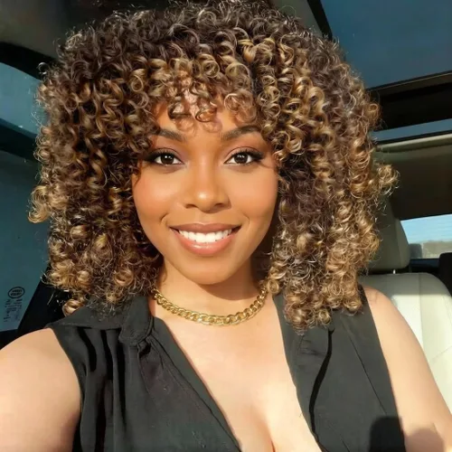 Miniatura 15 de Curly Wigs for Black Women Short Curly Wig with Bangs Soft Bouncy Fluffy Small Curls Heat Resistant Synthetic Wig for Daily Party Use Ombre Brown 14