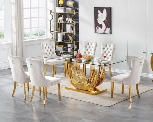 Miniatura 36 de Mesa de comedor moderna de vidrio de 70 pulgadas para 6-8, mesa de comedor de cristal dorado de lujo con base de acero inoxidable en forma de flores