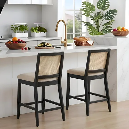Miniatura 3 de RIVOVA Juego de 2 taburetes de bar de ratán de 26.5 pulgadas, modernos taburetes de bar tapizados de tela de lino de altura de mostrador, taburetes