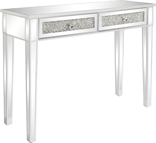 Miniatura 4 de Karl home Mesa de escritorio con espejo y 2 cajones, mesa consola plateada, mesa de sofá con espejo con incrustación de cristal en la parte