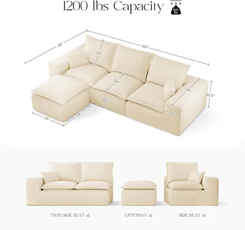 Miniatura 2 de Cómodo sofá Cloud de 107" con chaise en forma de L y asiento profundo, sofá seccional modular en una caja, sofás tapizados sin estructura para sala