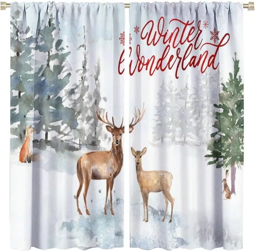 Cortina de invierno, bosque natural, nevado, paisaje, ciervo, feliz Navidad, copo de nieve, árbol de Navidad para el hogar, cocina, restaurante,