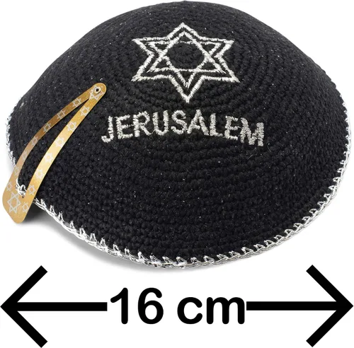 Miniatura 3 de JL Kippah Algodón Bordado Punto Azul Marino Plata Estrella de David Yarmulke 5.9in