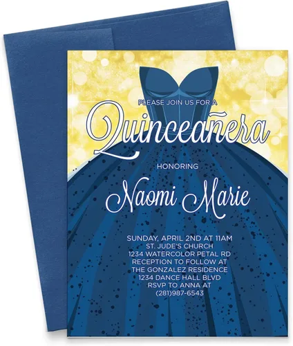 Modern Pink Paper Invitaciones de quinceañera azul real y oro, invitaciones de vestido de quinceañera, su elección de cantidad, información y color