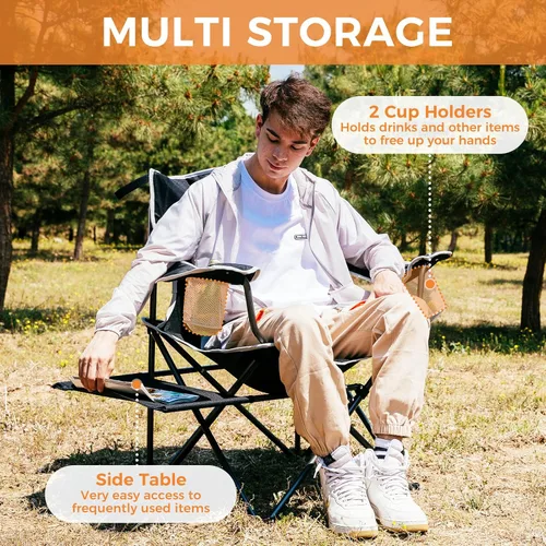 Miniatura 4 de FUNDANGO Silla de camping acolchada plegable, portátil con respaldo completo para exteriores, con soporte para tazas y mesa auxiliar, bolsillo