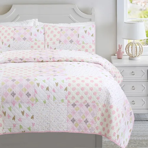 Miniatura 16 de Cozy Line Home Fashions Juego de ropa de cama acolchado reversible de niña con volantes rosa claro y azul de 100% algodón, colcha, cubrecama