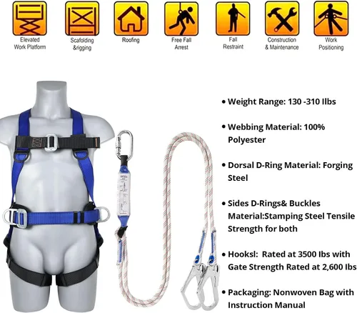 Miniatura 5 de TT TRSMIMA Safety Harness Fall Protection Kit - Full Body Roofing harnesses with Shock Absorbing Lanyard Upgrade Paded