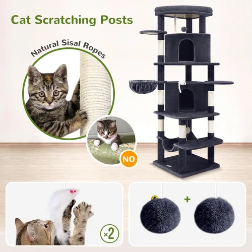 Miniatura 6 de Globlazer Árbol esquinero para gatos grandes, serie curvada de 66 pulgadas de alto, torre grande para gatos de interior con 6 postes rascadores, 2