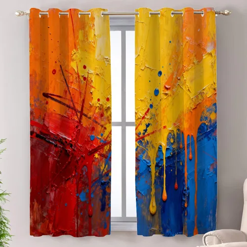 Miniatura 123 de Shrahala Beige and Orange Abstract Art Brushstrokes Blackout Curtain Tiers, Abstract Oil Paint Kitchen Valance Light Blocking Tier Drapes with Rod
