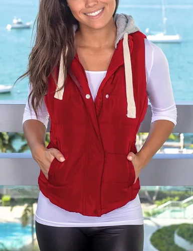 Miniatura 3 de Chaleco Yeokou acolchado para mujer, para invierno, con capucha extraíble, sin mangas y entallado