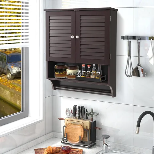 Miniatura 2 de Giantex Armario de baño montado en la pared con 2 puertas con rejillas, estante ajustable de 3 posiciones, toallero, ahorro de espacio sobre