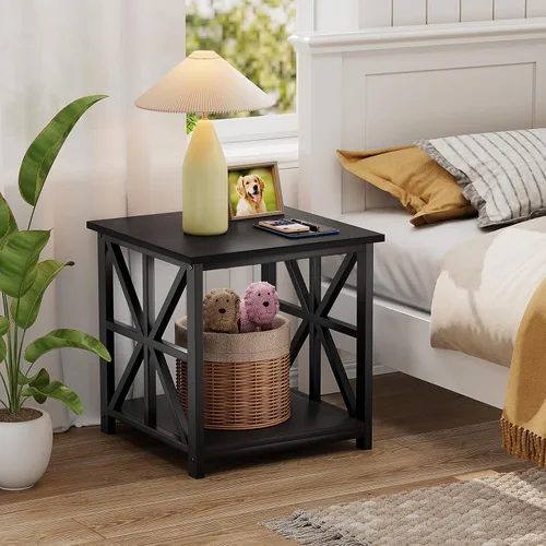 Miniatura 8 de GreenForest - Mesa de noche con estante de almacenamiento de 2 niveles, mesa auxiliar grande de 61 cm para sala de estar, mesita moderna para Negro