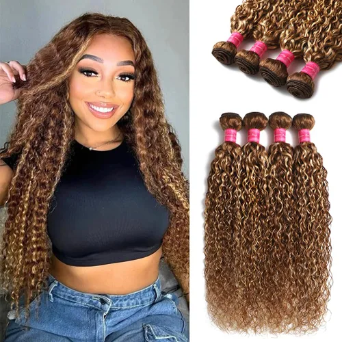 Miniatura 7 de Borchan Paquetes de Cabello Humano Ondulado Water Wave 4/27, Paquetes Rubios con Mechas, Cabello Virgen Brasileño de 14 16 18 Pulgadas, Trama